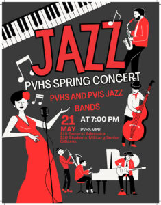PVHS JAZZ Concert flyer, red and black figures of singer and musicians on dark gray background