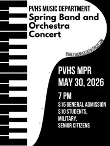 PVHS 2026 Spring Band & Orchestra Concert poster black and white piano keyboard
